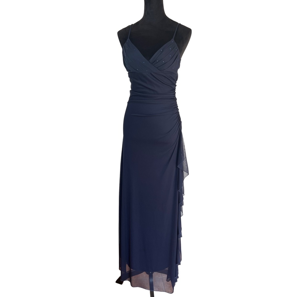 Vintage City Triangles Navy Ruched Ruffle Rhinestone Formal Gown Dress M NWT